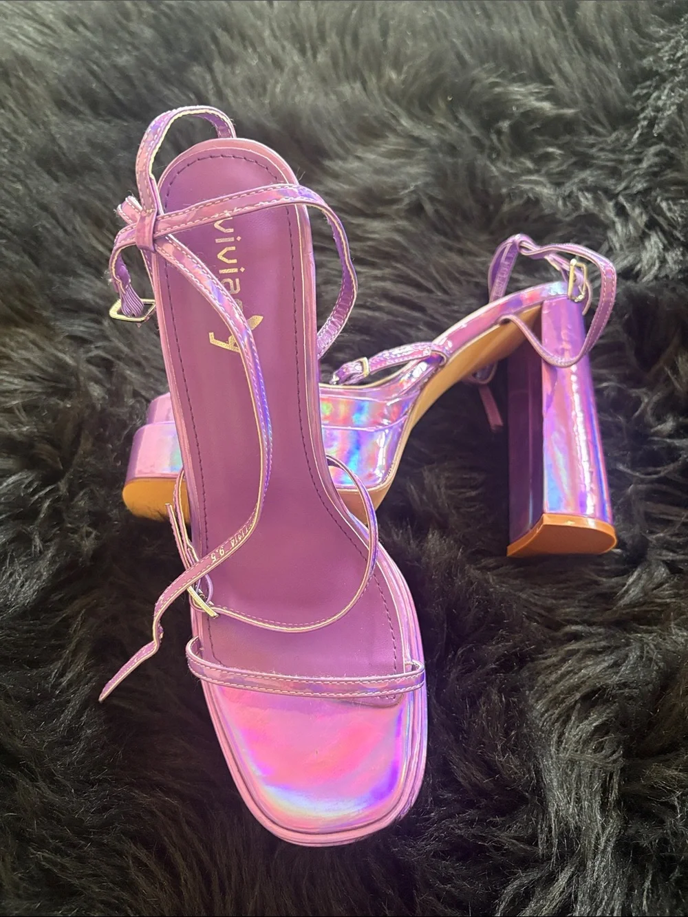 Holographic purple Platform Block Heel Sandals with Ankle Strap